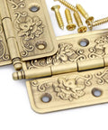 Set Of 4 Embossed Brass Hinges With Floral Pattern For Wooden Chest Trunk Cabinet Cupboard Doors, Old School Vintage Look Flap Hinges, 2.6 Inch Plate 65 Mm, 75 mm Axis, Rust Resistant And Built To Last shown close-up with screws