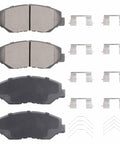 Front view: four gray ceramic brake pads with hardware for Honda/Acura vehicles