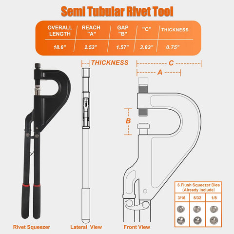 Heavy Duty Hand Rivet Squeezer Kit For Auto Body Repair And Weekend Warrior Projects Including 180 Aluminum Rivets With Six Interchangeable Flush Dies For No Sweat Metalwork Anywhere showing dimensions and specifications.