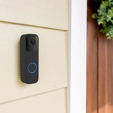 Installed video doorbell with Video Doorbell Backplate Replacement Kit with Easy Install Mount Accessory in Black on exterior wall.