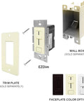Integrated 100W LED Dimmer And Driver Wall Switch with trim plate and wall box components displayed.