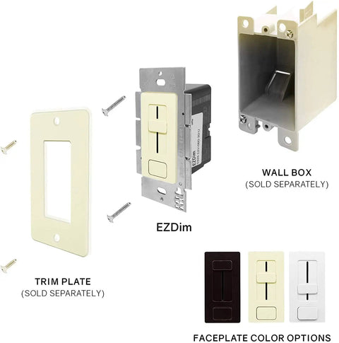 Integrated 100W LED Dimmer And Driver Wall Switch with trim plate and wall box components displayed.