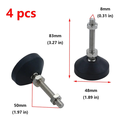 4 Pack Adjustable M8 Thread Leveling Foot Cups With Reinforced Nylon Base, 2 Inch Diameter, side and top view with measurements