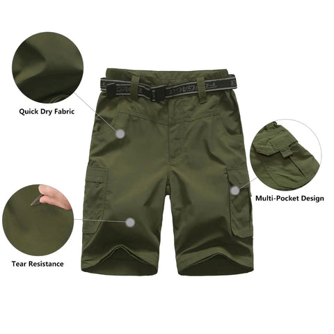 Kids Convertible Hiking Pants For Boys Quick Dry Zip Off Legs With Multi Pocket Design Gusseted Comfort Elastic Waistband Army Green Built For Action For Outdoor Climbing And Everyday Play, showing shorts conversion, pockets, and fabric details.