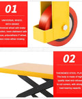Heavy Duty Hydraulic Lift Table Cart With Lockable Wheels And Rolling Garage Hoist showcasing a sturdy yellow steel platform and red polyurethane wheel.