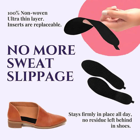 Ultra Thin Sweat And Odor Absorbing Shoe Inserts For Women Size 8-9 Midnight Black 4 Pairs Replaceable Barefoot Liners shown with flat shoes