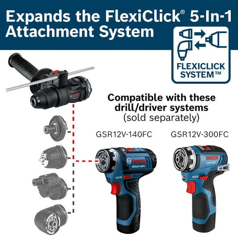 Compact SDS-Plus Rotary Hammer Attachment Turns Your 12V Max Drill Into a Tough as Nails Concrete Hammer, Part Of The 12V Max Chameleon System, Delivers Up To 3,800 BPM for Fast Efficient Drilling shown with compatible drill driver systems.