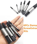 6 Piece Damaged Screw Extractor Set For Stripped Bolts With Chrome Vanadium Hardened Steel Easy Out Remover Kit held in hand