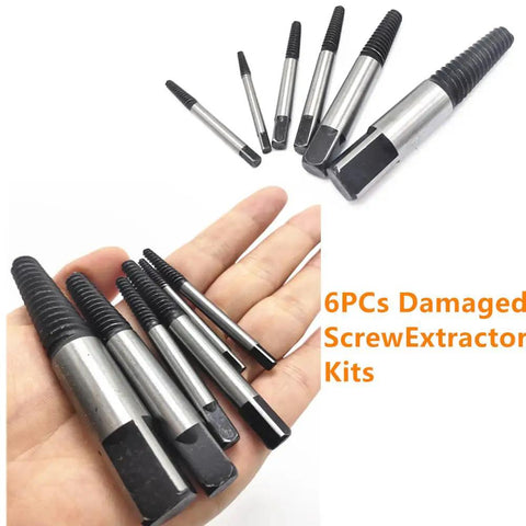 6 Piece Damaged Screw Extractor Set For Stripped Bolts With Chrome Vanadium Hardened Steel Easy Out Remover Kit held in hand