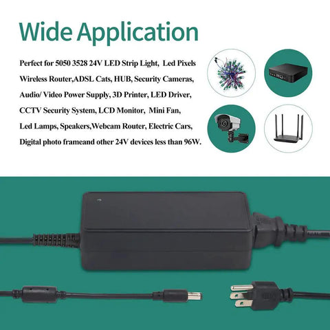 Beefy 24V DC Power Adapter 5A Switching Power Supply For LED Strip Lights CCTV Cameras And LCD Monitors, plug and adapter shown