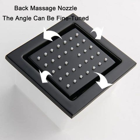 Slick Black Rain Shower System With Digital Display Concealed Wall Mounted Faucet Set Heavy Duty Brass Build Three Function Shower Kit Dual Spray Heads, adjustable back massage nozzle close-up.