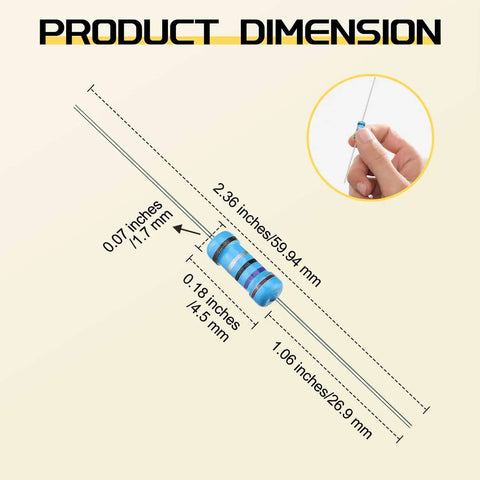 Dimensions of resistor from Resistor Assortment Kit With 500 Pieces And 50 Values, 1/4W 1% Metal Film Resistors From 1 Ohm to 10 Meg Ohm