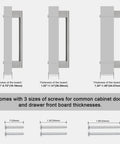 Three brushed nickel cabinet pulls with screw sizes, Brushed Nickel Cabinet Pulls Set of 5, 6.25 Inch Hole Spacing, 14mm Tube Diameter, shown.