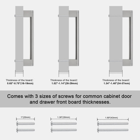 Three brushed nickel cabinet pulls with screw sizes, Brushed Nickel Cabinet Pulls Set of 5, 6.25 Inch Hole Spacing, 14mm Tube Diameter, shown.