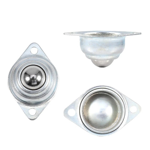 Ball Transfer Bearing Set Built For Heavy Duty Use With Flexible Rolling Steel Balls Zinc Plated For Conveying System And Bin Plate Fitment 5 Pieces Linear Motion Components For Smooth Material Handling. zinc-plated 5-piece set, three views