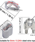 Must Have All In One M6 Wire Rope Hardware Kit With 304 Stainless Steel Cable Clamps Thimbles And Aluminum Crimp Loop Sleeves For Quarter Inch Wire Rope shown with dimensions and components.
