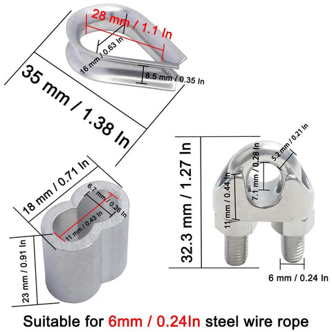 Must Have All In One M6 Wire Rope Hardware Kit With 304 Stainless Steel Cable Clamps Thimbles And Aluminum Crimp Loop Sleeves For Quarter Inch Wire Rope shown with dimensions and components.