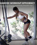 Woman using Premium Cable Machine Ankle Straps for Glute Kickbacks and Hip Abductions in a gym setting.