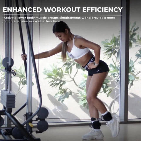 Woman using Premium Cable Machine Ankle Straps for Glute Kickbacks and Hip Abductions in a gym setting.