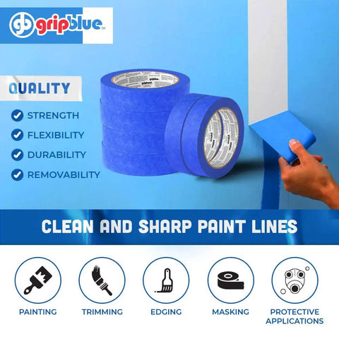 One Inch Wide Painter Tape Six Roll Pack For Crisp Precision Lines On Walls And Trim, blue tape shown with application.
