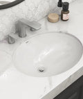 Undermount White Oval Ceramic Bathroom Sink 18 By 15 Inch With Overflow Rear Drain Porcelain Vanity Basin in marble countertop