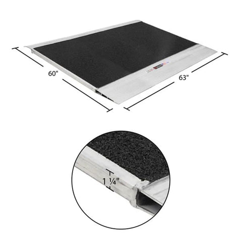 Heavy Duty Aluminum Shipping Container Forklift Ramp 60 By 63 Inch Deck with grip floor, ideal for loading heavy pallets.