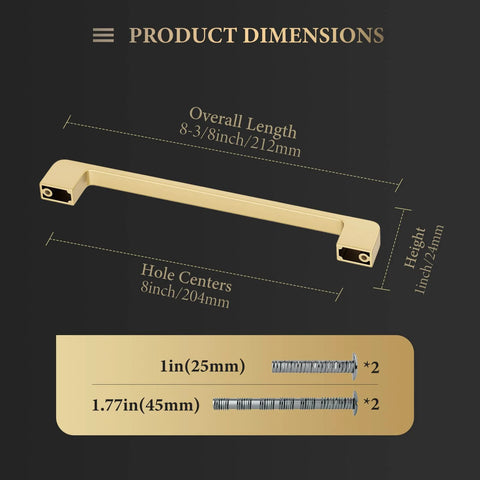 Diagram showing 5 Pack 8 Inch Brushed Gold Cabinet Handles dimensions and included screws for stylish renovation.
