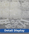 Kickass 500 Piece White Nylon Plastic Hex Head Screw And Nut Assortment Kit With Flat Washers And Nylon Gaskets Metric Full Threaded Fasteners In Sizes M2 To M6 For Quick Fixes And No Sweat Diy Repairs detailed view of assorted nylon screws and nuts