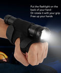 Wrist Flashlight Holster And Adjustable Strap For 25-30mm Flashlights secured on hand, nylon material, used in dark setting.