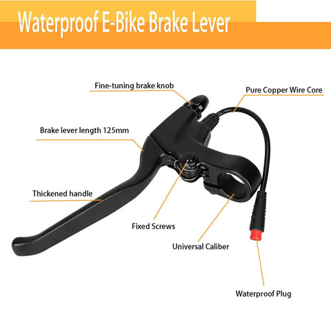 Waterproof Left And Right E Bike Brake Levers With 2 Pin Male Connector, 125mm length lever, thickened handle, waterproof plug.