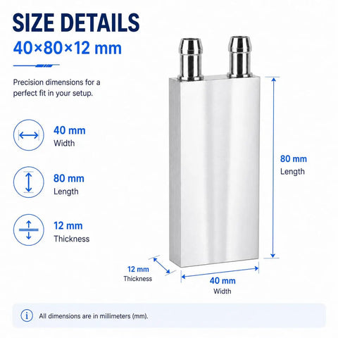 Premium Aluminum Water Cooling Block M Type Channel Liquid Heatsink For PC CPU 2 Pack with size details 40x80x12 mm.