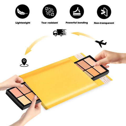 Hands placing makeup palettes into Yellow Kraft Bubble Mailers 3.5x5 Inch Inner, 3.5x6.7 Inch Outer Self Sealing Padded Envelopes, lightweight.