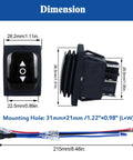 Beefy Waterproof DPDT Polarity Reversing Rocker Switch On Off On 3 Position Momentary Double Throw With Jumper Wires 6 Pins Snap In Toggle Switch 12V 20A 125V 16A 250V size diagram, 31x21mm mount