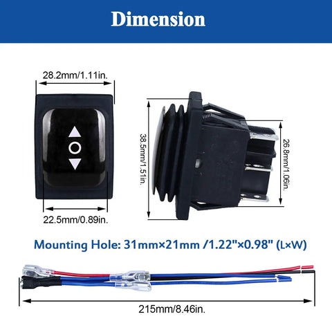 Beefy Waterproof DPDT Polarity Reversing Rocker Switch On Off On 3 Position Momentary Double Throw With Jumper Wires 6 Pins Snap In Toggle Switch 12V 20A 125V 16A 250V size diagram, 31x21mm mount