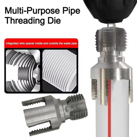Heavy Duty 4-in-1 Water Pipe Threader Kit, showing a multi-purpose threading die for PVC and metal pipes.