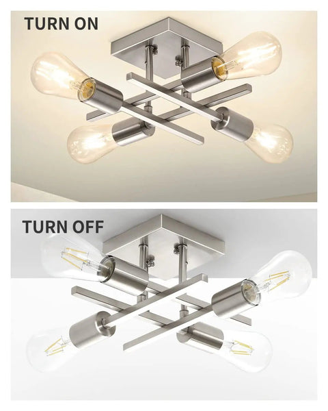 4 Light Semi Flush Mount Ceiling Light In Brushed Nickel No-Fuss Install Modern Close-To-Ceiling Fixture with bulbs on and off view