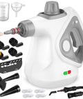 No Sweat Handheld Steam Cleaner For Home, Portable Steam Mop For Deep Cleaning With 15 Accessories, Fast Heating 1050W Handheld Steamer, gray and white design, several accessories included.