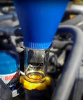 Spill Free Hands Free Engine Oil Funnel for Subaru vehicles with threaded cap installed for easy mess-free oil change.