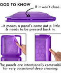 SoftShell Reusable Silicone Food Storage Container With Connected Clamshell Lid Snap Closure Keeps Lids Attached No Lid Drama Leak Resistant Not Leak Proof Easy Clean Travel Ready Meal Prep Microwave Freezer And Dishwasher Safe showing panel adjustment for closure
