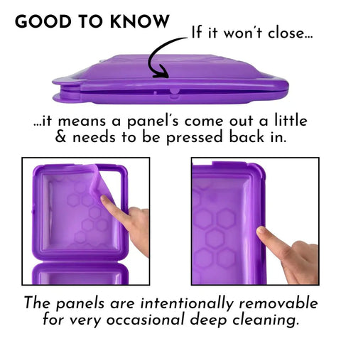 SoftShell Reusable Silicone Food Storage Container With Connected Clamshell Lid Snap Closure Keeps Lids Attached No Lid Drama Leak Resistant Not Leak Proof Easy Clean Travel Ready Meal Prep Microwave Freezer And Dishwasher Safe showing panel adjustment for closure