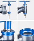 Pro Grade Bicycle Bottom Bracket Installation Tool Set For Press In BB Axle And Headset Durable Aluminum Alloy Construction Precise Threads And Ball Bearing Design For Easy Repair And Labor Saving Bike Maintenance, showing tool in action on bike frame