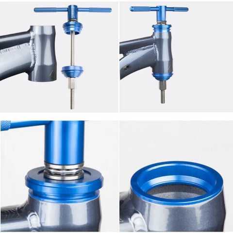 Pro Grade Bicycle Bottom Bracket Installation Tool Set For Press In BB Axle And Headset Durable Aluminum Alloy Construction Precise Threads And Ball Bearing Design For Easy Repair And Labor Saving Bike Maintenance, showing tool in action on bike frame
