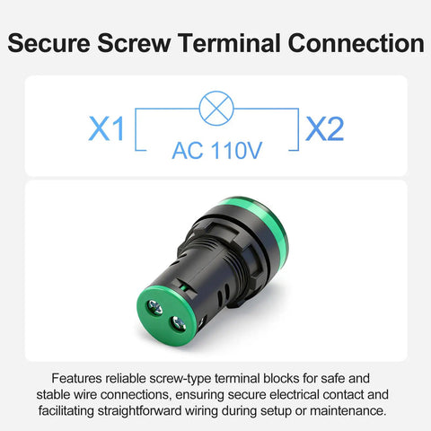 22mm LED Industrial Indicator Light 110V AC Pilot Signal Lamp with screw terminal connection, green, close-up view, 2 pack