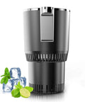 Ride Ready 12V 2 In 1 Car Cup Warmer And Cooler With Sleek Digital Screen, black with ice cubes and mint near it.