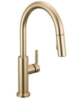 Modern Brushed Gold Kitchen Faucet With Pull Down Sprayer And Single Handle Slick Champagne Bronze Finish showcasing sleek design.