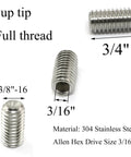 Beefy 10-Piece 3/8-16 x 3/4 Inch Socket Set Screws 304 Stainless Steel Full-Thread Cup Point Grub Screws with Hex Drive