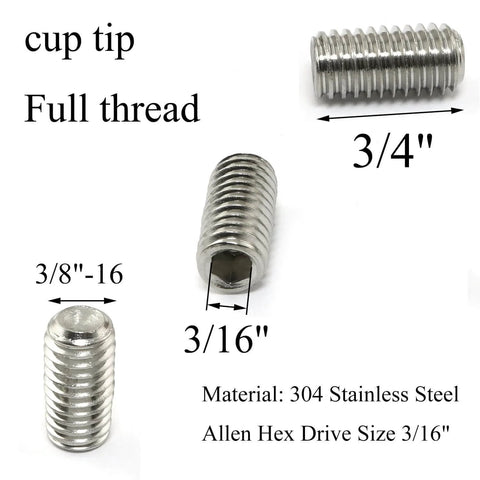 Beefy 10-Piece 3/8-16 x 3/4 Inch Socket Set Screws 304 Stainless Steel Full-Thread Cup Point Grub Screws with Hex Drive