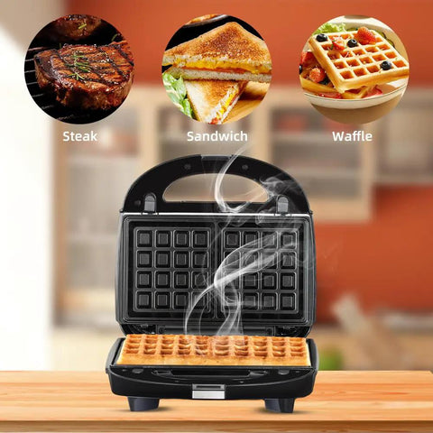3 In 1 Electric Sandwich Maker With 3 Removable Non Stick Plates Double Sided Heating Waffle Donut Panini Press Grill For Quick Breakfast Snacks Bacon Steak And More 850 Watts Uniform Cooking showing waffles with steam.