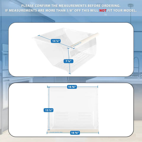 Dimensions of Lower Crisper Bin Replacement For Whirlpool Refrigerator WP2188664 shown with measurements included.