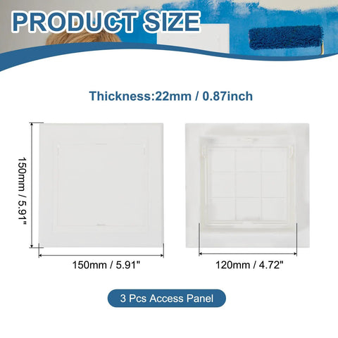 White Hinged Removable Drywall Access Panels Smooth Action Straightforward Install No Hassle Wall Cover For Plumbing Electrical Wiring Heavy Duty Abs Plastic 3 Pack 5 By 5 Inches showing product size details.